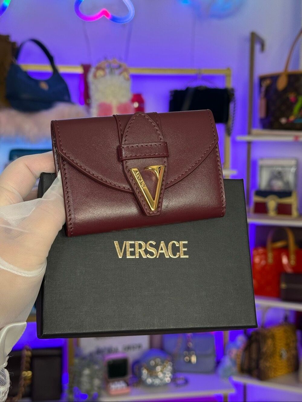 Versace Maroon Red V Logo Card Holder Compact Wallet